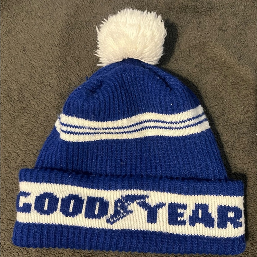 Vintage Blue and White Goodyear Wingfoot detail Kids Pom-Pom Beanie